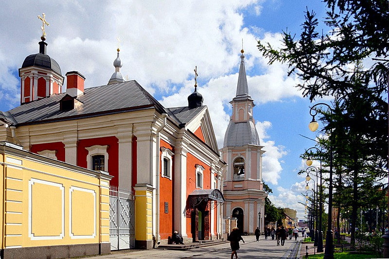 The Church of Three Saints and St. Andrew's Cathedral on the 6th Line of Vasilevskiy Island in St Petersburg, Russia