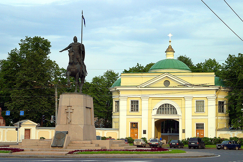 Monument to Prince Alexander Nevsky at the entrance to Alexander Nevsky Monastery in St Petersburg, Russia