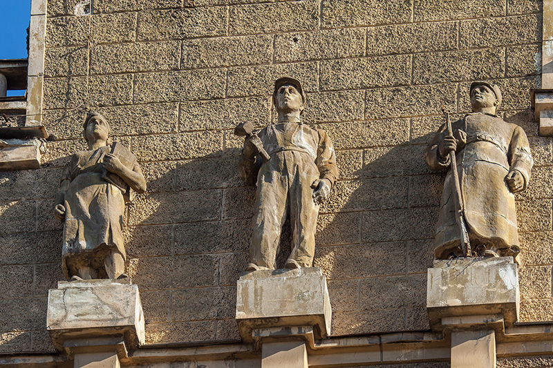Soviets decoration on the facade of the Communication Workers' House of Culture in Saint Petersburg, Russia
