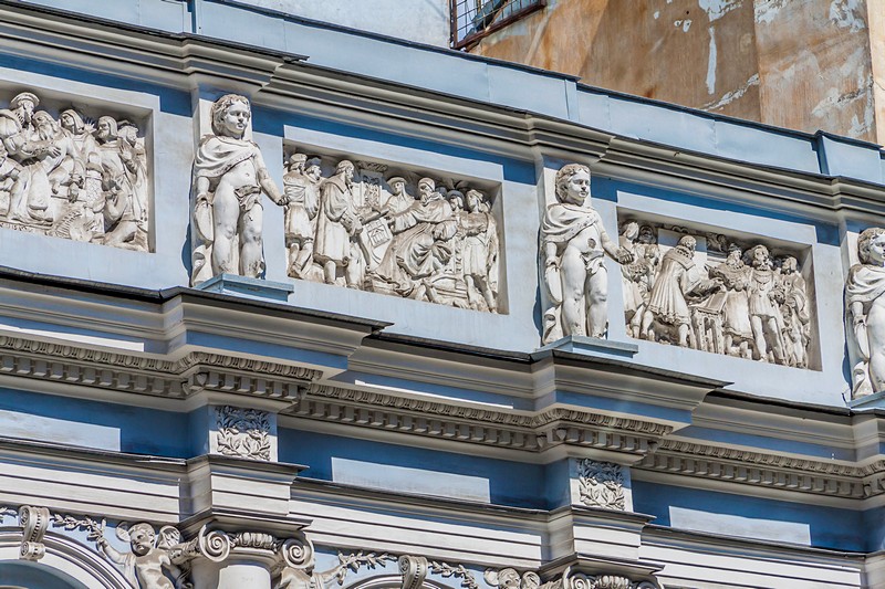 Facade decorations of the Duchess Gagarina Mansion on Bolshaya Morskaya Ulitsa in Saint-Petersburg, Russia