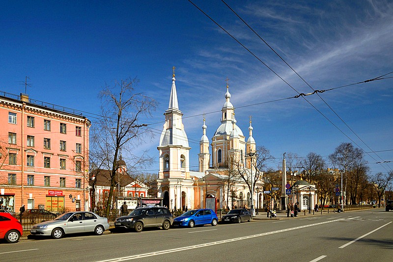 Bolshoy Prospekt of Vasilevsky Island and St. Andrew's Cathedral in St Petersburg, Russia