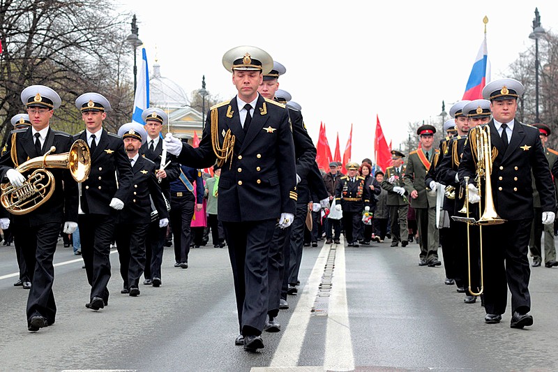 Veterans marching on Bolshoy Prospekt of Vasilevsky Island in St Petersburg, Russia