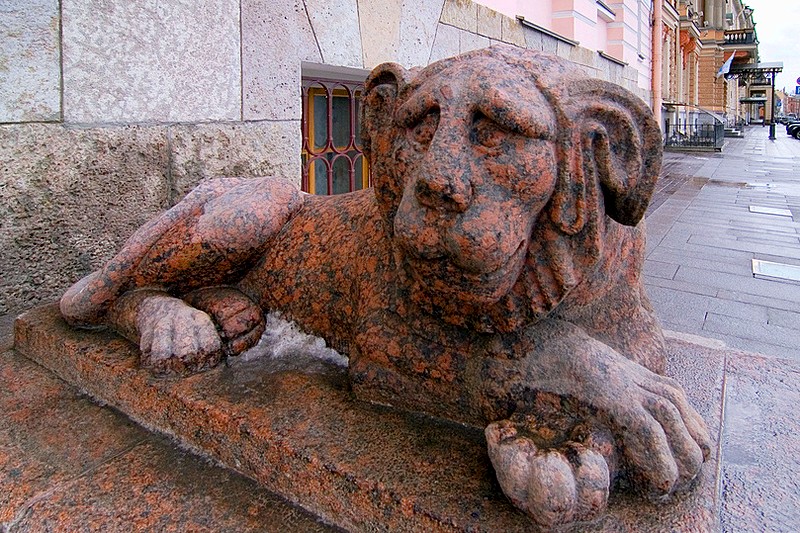 Granite lions on the English Embankment in St Petersburg, Russia