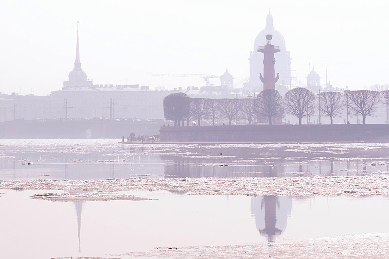 Spit of Vasilevskiy Island at sunrise in St Petersburg, Russia