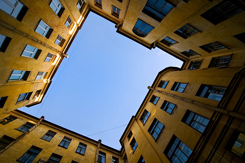 Typical narrow 'well' courtyard at the Rasputin House on Gorokhovaya Ulitsa in St Petersburg, Russia