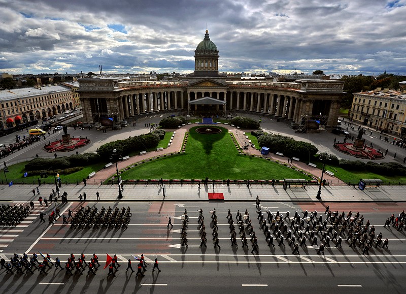Holiday parade on Nevsky Prospekt at Kazanskaya Ploshchad in St Petersburg, Russia