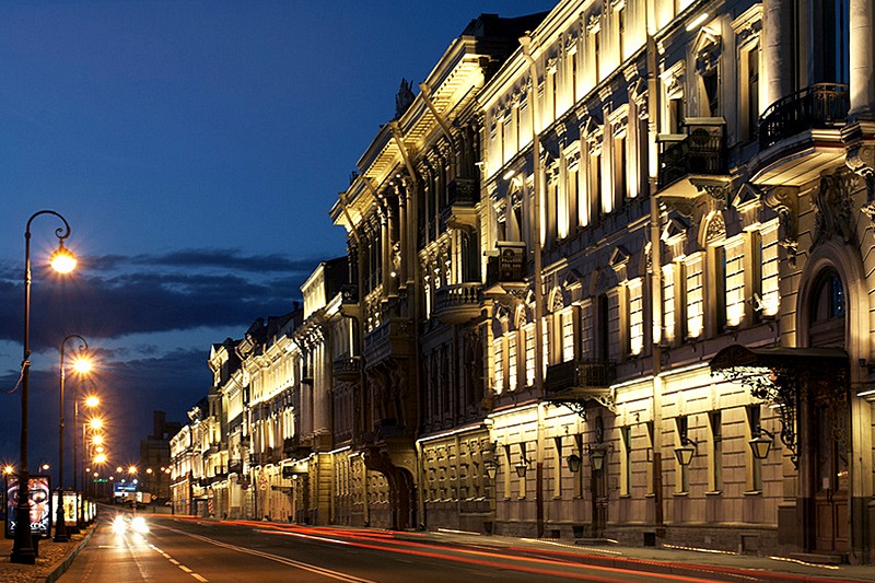 Night view of Kutuzov Embankment in St Petersburg, Russia