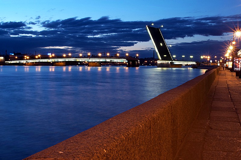 View from Kutuzov Embankment onto a raised Liteyny Bridge in St Petersburg, Russia