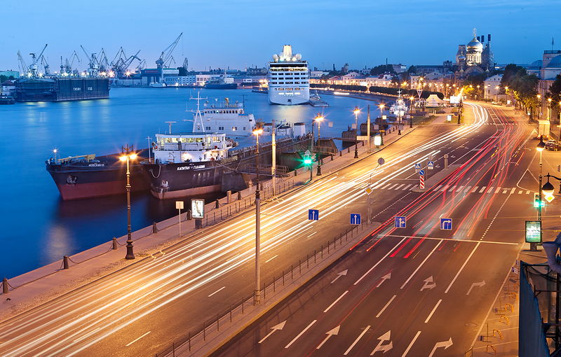 Panorama of Lieutenant Schmidt Embankment during the White Nights in St Petersburg, Russia