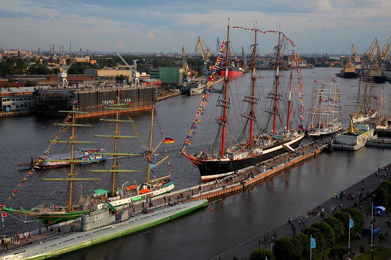 Sailing ships moored off Lieutenant Schmidt Embankment in St Petersburg, Russia