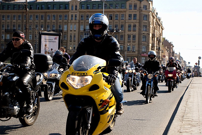 Biker parade on Ligovsky Prospekt in Saint-Petersburg, Russia