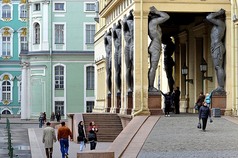 The porch of the New Hermitage wing of the Hermitage Museum facing Millionnaya Ulitsa in St Petersburg, Russia