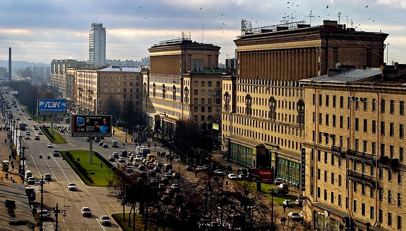 Stalinist Empire-style architecture on Moskovskaya Ploshchad in St Petersburg, Russia