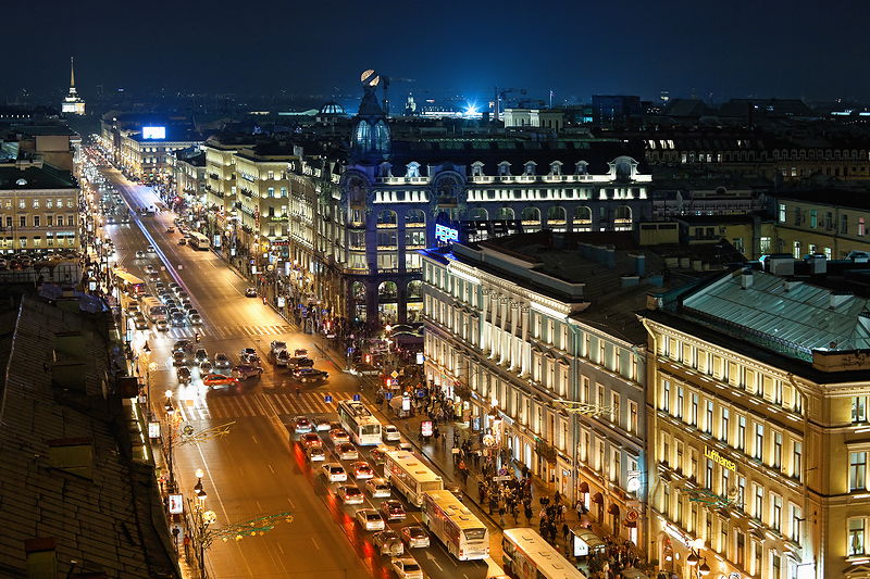 Night view of Nevsky Prospekt in St Petersburg, Russia