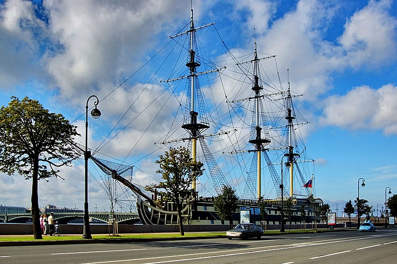 Fregat Blagodat floating restaurant moored off Petrovskaya Embankment in St Petersburg, Russia