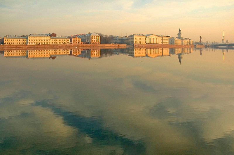Early morning panoramic view of Universitetskaya Embankment in St Petersburg, Russia