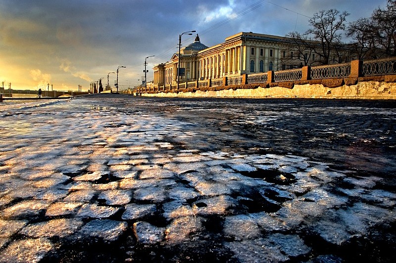 Winter view of Universitetskaya Embankment in Saint Petersburg, Russia