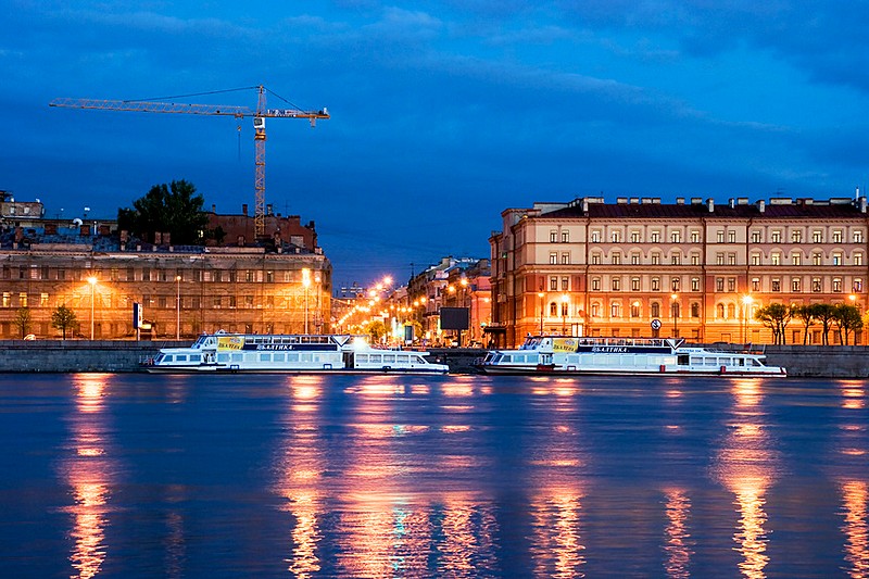 Night view of Voskresenskaya Embankment in St Petersburg, Russia