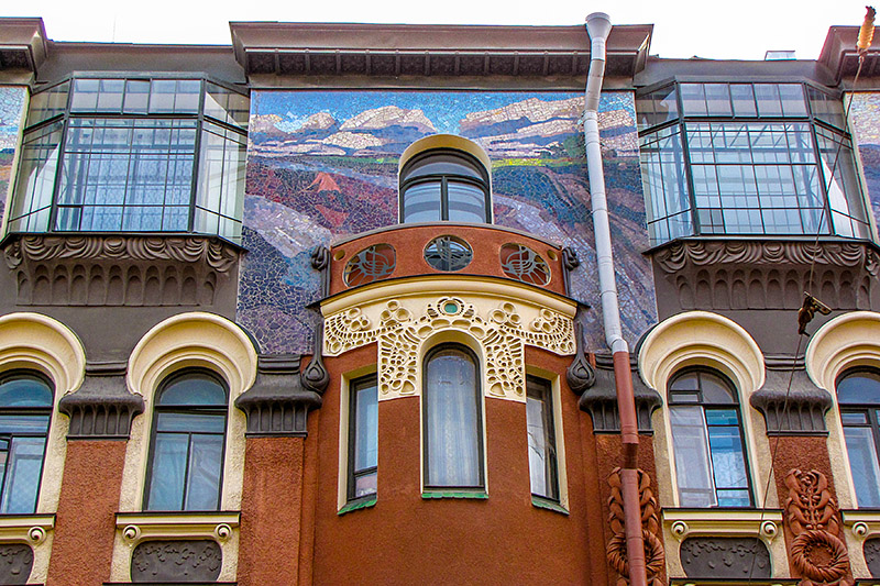 Mosaic on the facade of the Apartment Building of Duke Leichtenberg in Saint-Petersburg, Russia