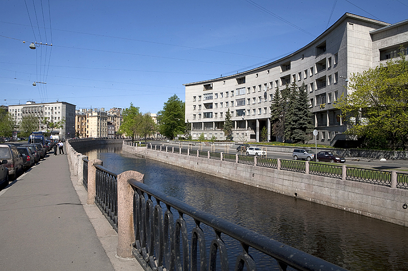 Lensoviet House on the bank of the Karpovka River in St Petersburg, Russia