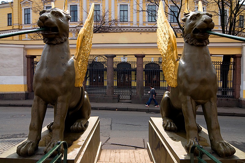 Griffins on Bank Bridge over the Griboedov Canal in Saint-Petersburg, Russia