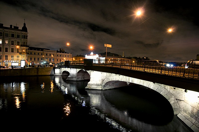 Belinskiy Bridge at night in St Petersburg, Russia