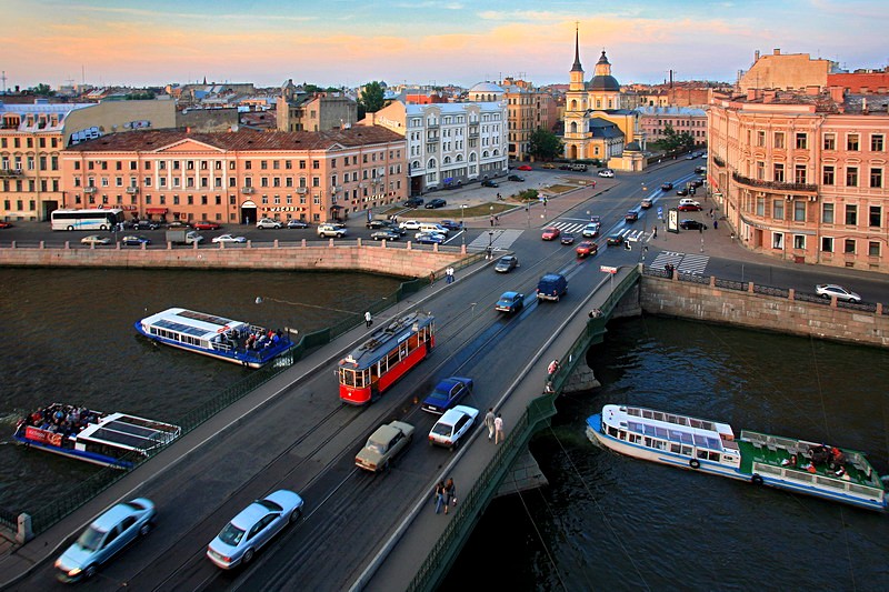 Belinskogo Bridge over the Fontanka River and the Church of Ss. Simeon and Anna in St Petersburg, Russia