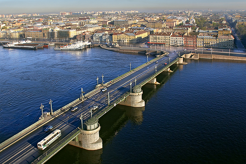 Aerial view of Blagoveshchenskiy Bridge in Saint-Petersburg, Russia