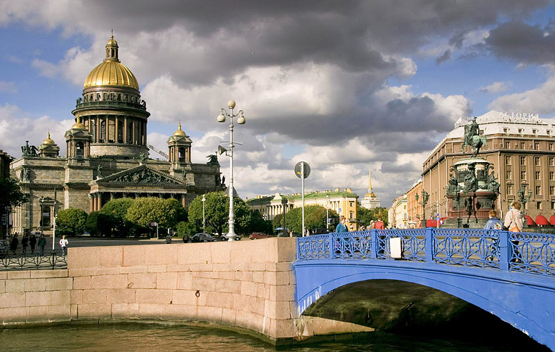 View of St. Isaac's Cathedral, the Monument to Nicholas I and the Blue Bridge in Saint-Petersburg, Russia