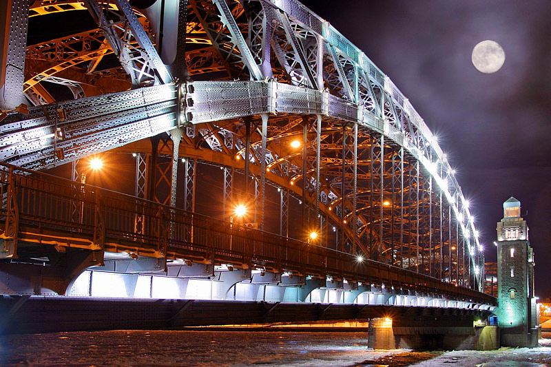 Moonlit Bolsheokhtinskiy Bridge in St Petersburg, Russia