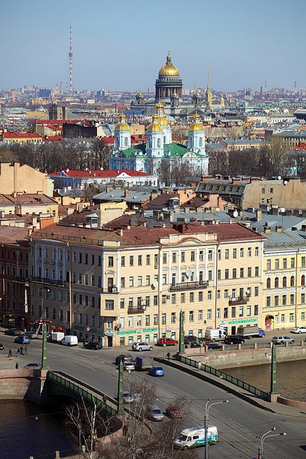 Aerial view of the Egyptian Bridge and neighboring landmarks in St Petersburg, Russia