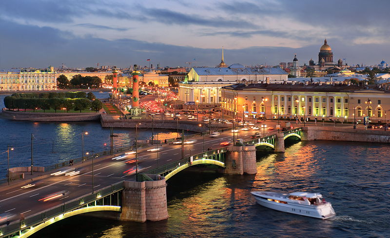 View of Birzhevoy Bridge over the Malaya Neva in St Petersburg, Russia