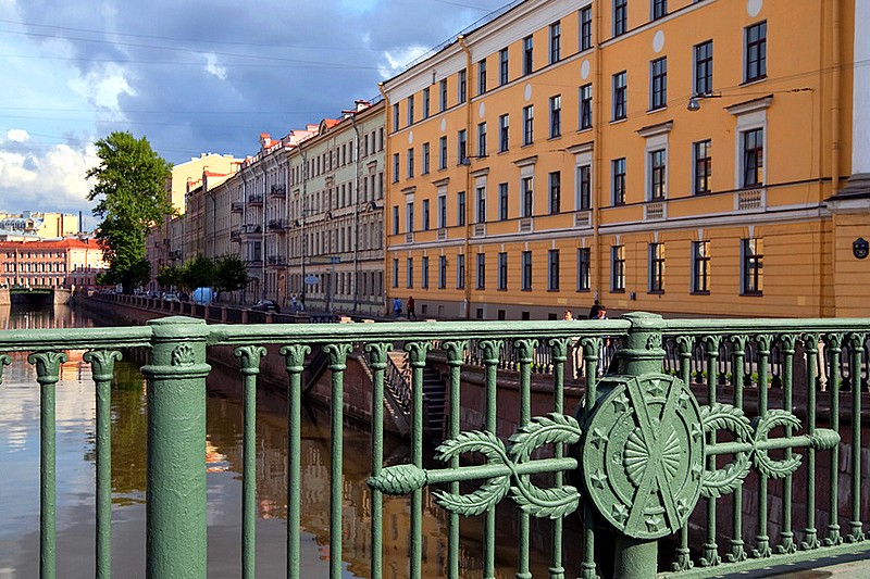 Wrought-iron fence of the Green Bridge over the Moyka River in Saint-Petersburg, Russia