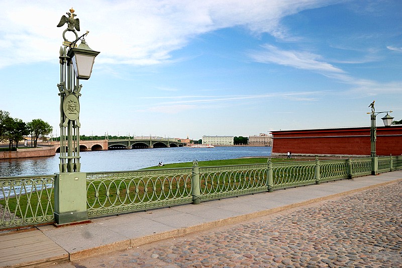 Lanterns and railings of Ioannovskiy (St. John) Bridge in St Petersburg, Russia