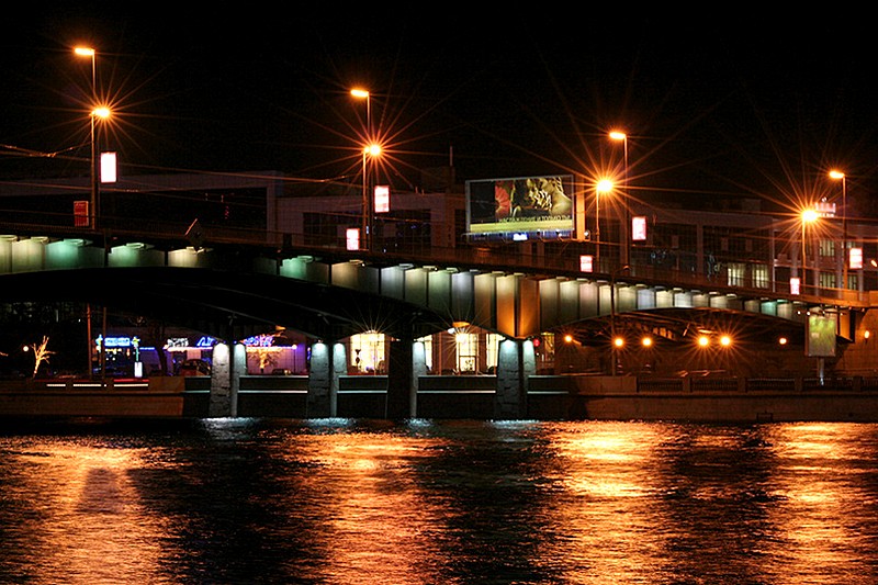 Night view of Kantemirovskiy Bridge over the Bolshaya Nevka in St Petersburg, Russia