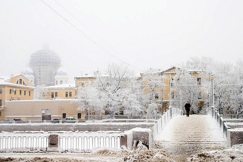 Winter view of Krasnoarmeiskiy Bridge over the Fontanka River in St Petersburg, Russia