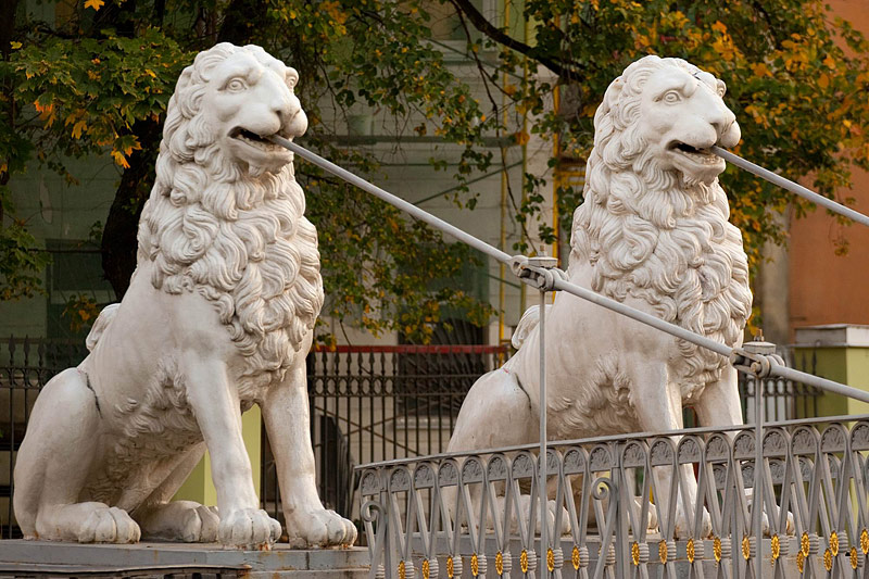 Lions on Lion (Lviny) Bridge over the Griboedov Canal in St Petersburg, Russia