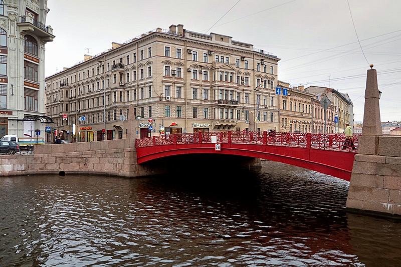 Red Bridge over the Moyka River in St Petersburg, Russia