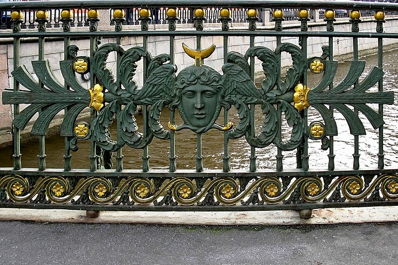 Wrought-iron railings of Teatralny Bridge over the Griboedov Canal in St Petersburg, Russia