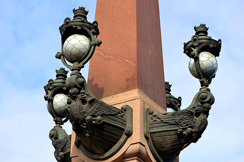 Elegant lamp posts on Trinity Bridge in Saint-Petersburg, Russia