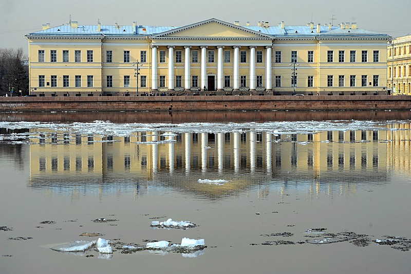 Academy of Sciences Building in St Petersburg as seen from the Neva River in April