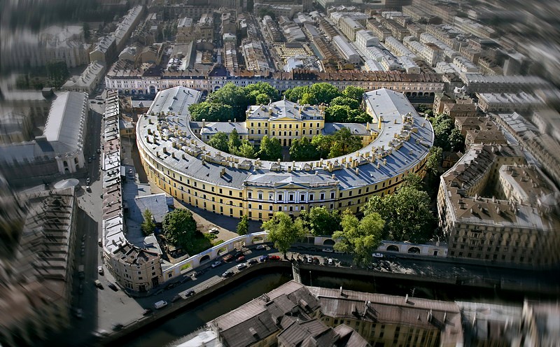 Aerial view of the horse-shoe-shaped building of the Assignation Bank in St. Petersburg, Russia