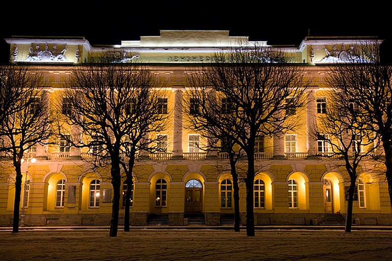 Former barracks of the Pavlovsky Regiment in Saint-Petersburg, Russia on a winter night