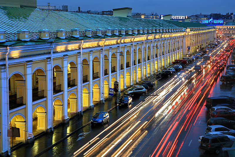 Gostiny Dvor at night in St Petersburg, Russia with evening illumination