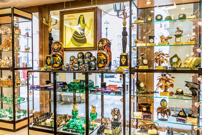 Window display with Russian souvenirs  in Saint-Petersburg, Russia