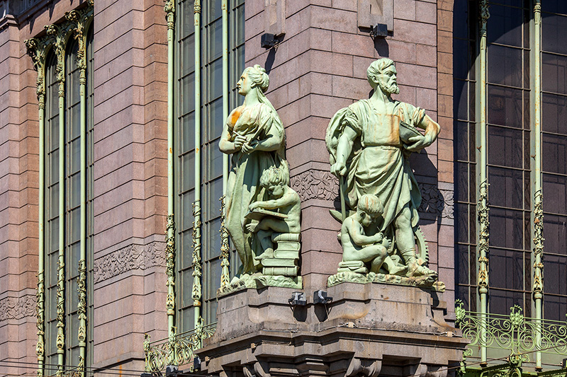 Sculptures on the facade of the Eliseyev Emporium in St Petersburg, Russia