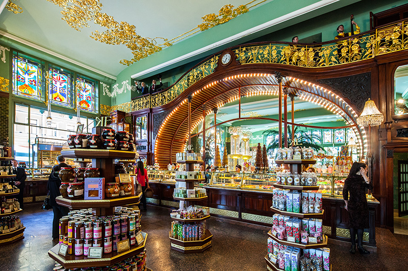 Stained glass and stucco work decorationating the Eliseyev Emporium in Saint-Petersburg, Russia