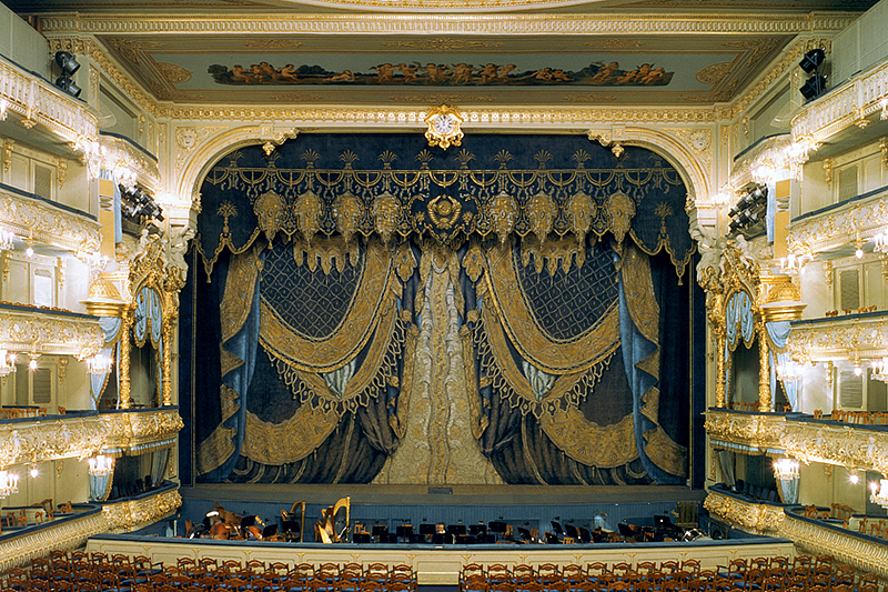 Stage and main curtain of the Mariinsky Theatre in St. Petersburg, Russia