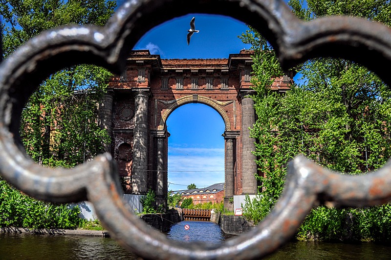 The famous arch of the New Holland complex in St Petersburg, Russia