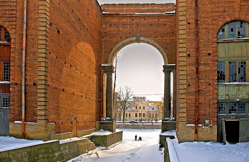The arch and storage facilities of the New Holland complex in St Petersburg, Russia